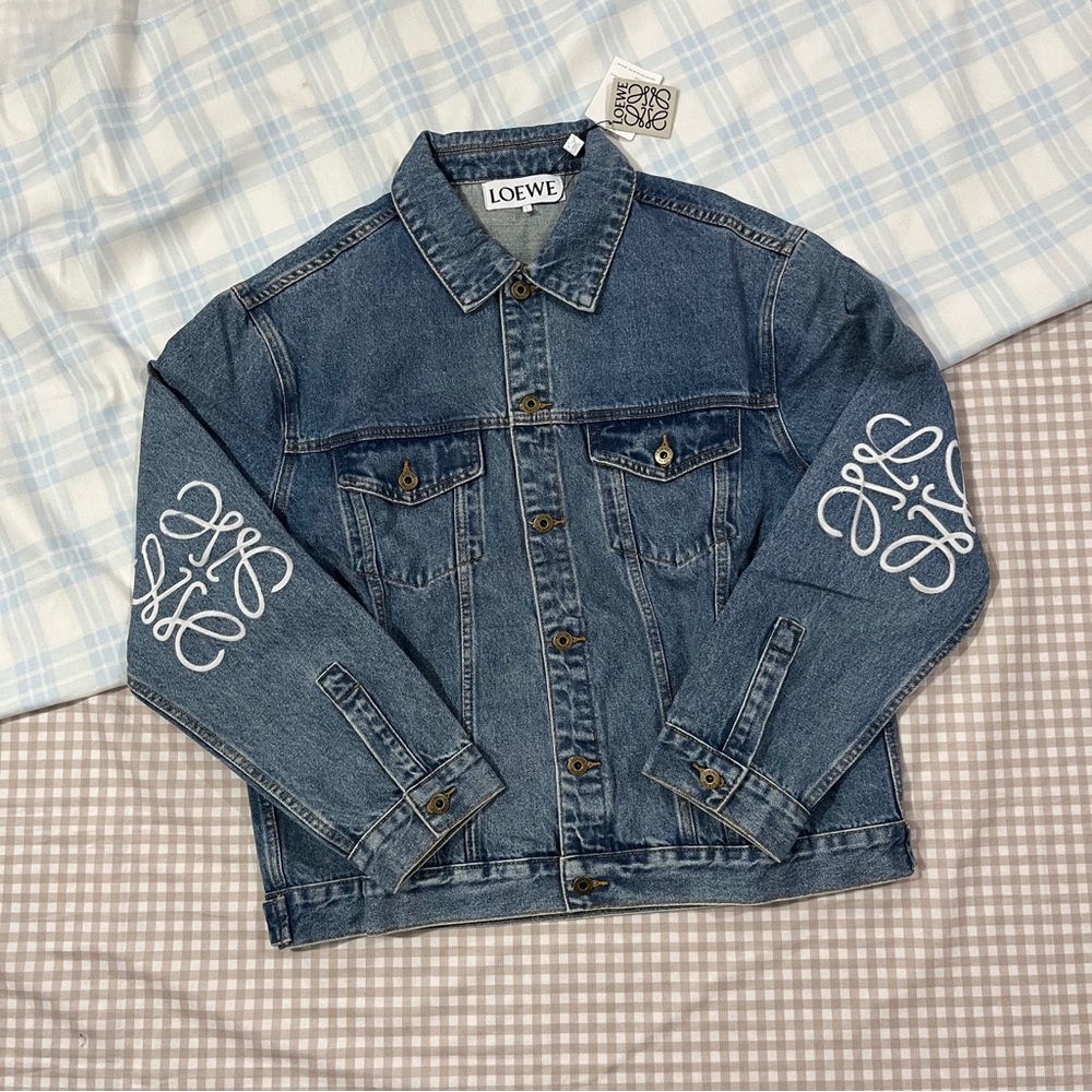 Loewe Blue Denim Jacket with White Anagram Sleeve Logos